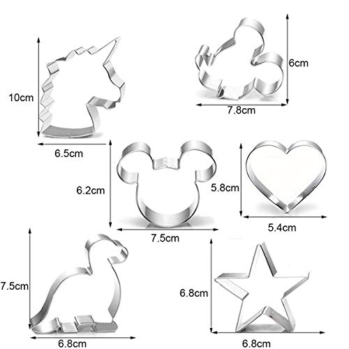 6 cortadores de galletas, diseño de corazón de dinosaurio de Mickey Mouse con forma de estrella de acero inoxidable para masa, fondant, fruta, sándwich
