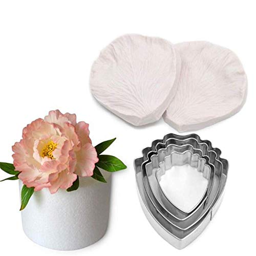 6 Piezas Peonía Hoja Flor Decoración Kit Herramientas Acero Inoxidable Cortador Galletas + Silicona Veteado Molde Pétalo Azúcar Fabricación Molde,Fondant Jabón Chocolate Cupcake Caramelos Arcilla