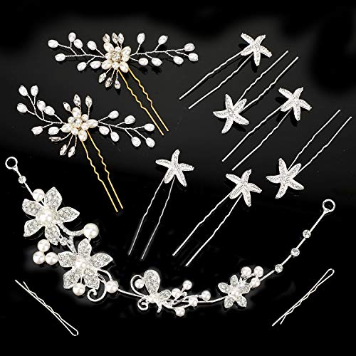 9PCS horquillas de estrellas de mar retro pinza, Pasadores pelo Styling accesorios para el cabello diamantes de imitación, Perlas Accesorios de Pelo Vintage Fiesta Boda para mujeres niñas(plata)