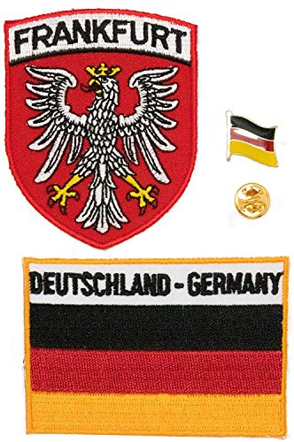 A-ONE Paquete de 3 piezas - Fráncfort de Alemania con parche de escudo de cigüeña blanca + parche rectangular de la bandera de Alemania + pin de solapa, parches de aplique, insignia esmaltada