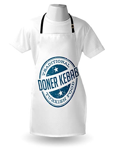 ABAKUHAUS Doner Delantal de Cocina, Estampilla Vintage Look Diseño Comida Tradicional Turca Kebab Letras Estrellas, Resistente al Agua y la Suciedad Estampa Digital, Noche Azul Blanco