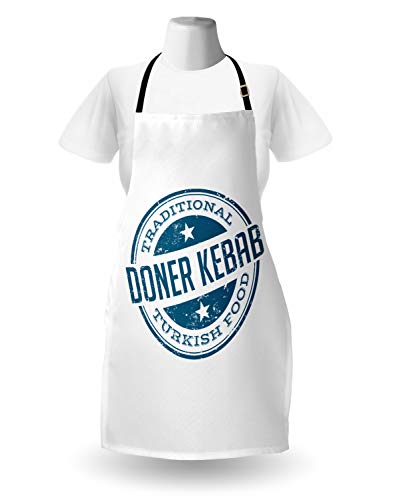 ABAKUHAUS Doner Delantal de Cocina, Estampilla Vintage Look Diseño Comida Tradicional Turca Kebab Letras Estrellas, Resistente al Agua y la Suciedad Estampa Digital, Noche Azul Blanco