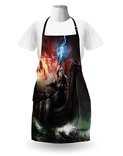 ABAKUHAUS Dragón Delantal de Cocina, Ira Imaginaria de Antigua Figura Vikingos Barco Real Cabeza de Dragón Tormenta Rayos, Apto para Uso en Interiores y Exteriores Resiste la Suciedad, Multicolor
