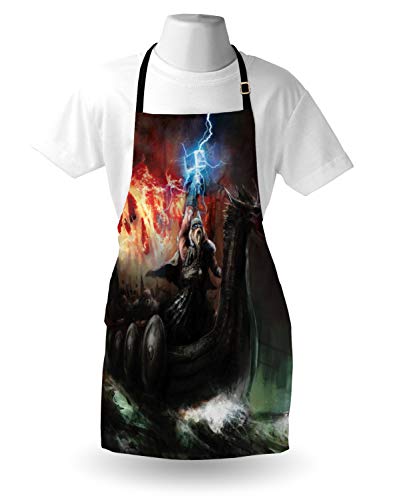 ABAKUHAUS Dragón Delantal de Cocina, Ira Imaginaria de Antigua Figura Vikingos Barco Real Cabeza de Dragón Tormenta Rayos, Apto para Uso en Interiores y Exteriores Resiste la Suciedad, Multicolor