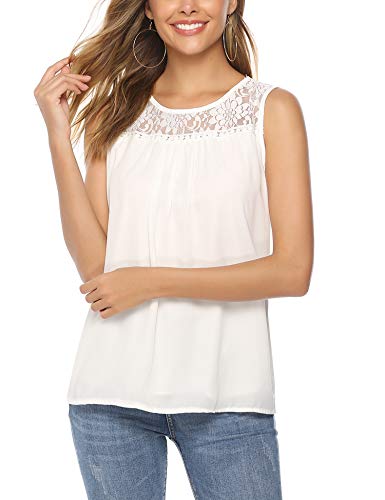 Abollria Camisa Elegante de Mujer con Bordado y Encajes Blusa Manga Larga Pullover Ligero Top con Cuello Redondo para Primavera Verano Otoño, Blanco/Sin Manga, 2XL(ES 50/52)