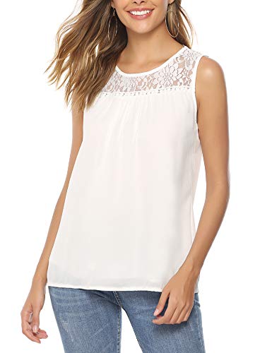 Abollria Camisa Elegante de Mujer con Bordado y Encajes Blusa Manga Larga Pullover Ligero Top con Cuello Redondo para Primavera Verano Otoño, Blanco/Sin Manga, 2XL(ES 50/52)