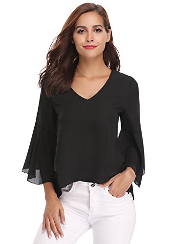 Abollria Camisa para Mujer 3/4 Mangas Elegante Blusa de Gasa Ligera Camisetas de Chiffon Cuello V Top Mangas Acampanadas Primavera Verano Otoño, Negro, S