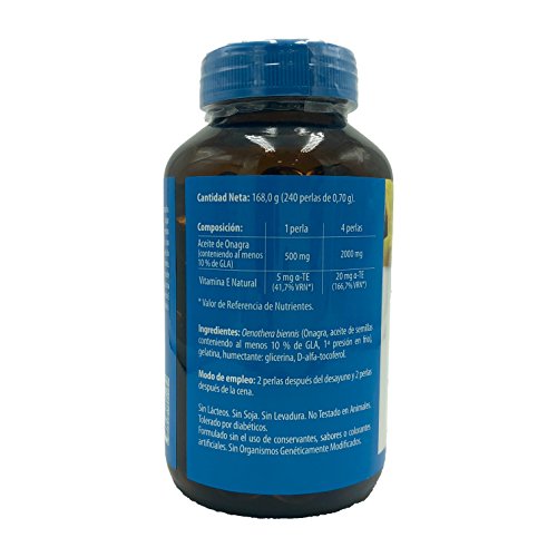 Aceite de onagra 500 mg 240 perlas + vitamina E naturmil sin gluten, sin lactosa, sin azúcar, sin almidón, libre OGM, 10% gla