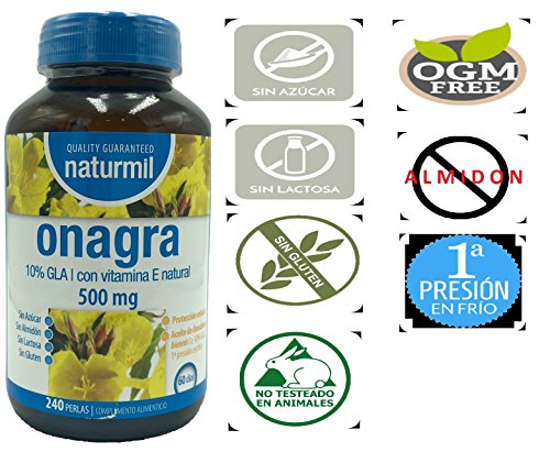 Aceite de onagra 500 mg 240 perlas + vitamina E naturmil sin gluten, sin lactosa, sin azúcar, sin almidón, libre OGM, 10% gla