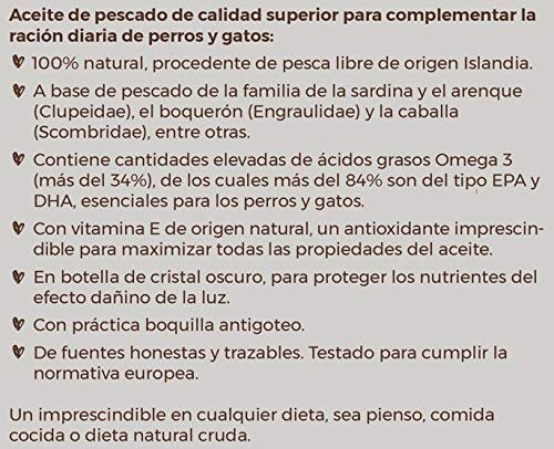 Aceite de Pescado 100% Natural (250ml)| de Sardina, Arenque y Caballa | Alternativa al Aceite de Salmón | Rico en Omega3 (34%) | Ideal Dietas Barf | Una Botella (250ml)
