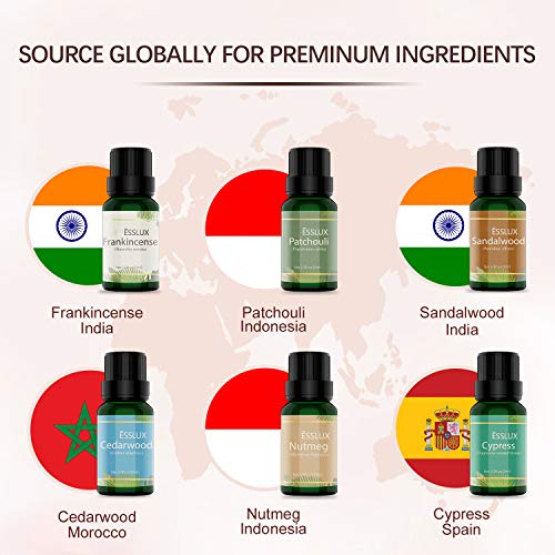 Aceites Esenciales Naturales, ESSLUX Woody Aceites Esenciales Para Humidificador Difusor 6x10 ML Set 100% Natural Puro - Ciprés, Cedro, Pachulí, Sándalo, Incienso, Nuez moscada