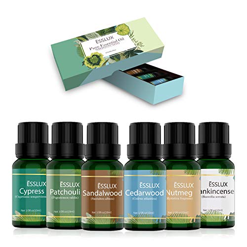 Aceites Esenciales Naturales, ESSLUX Woody Aceites Esenciales Para Humidificador Difusor 6x10 ML Set 100% Natural Puro - Ciprés, Cedro, Pachulí, Sándalo, Incienso, Nuez moscada