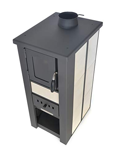 acerto 20133 Estufa LAVA Crema cerámica con ventanilla 35x44x82 cm - Estufa compacta de leña premium para habitaciones pequeñas con 85kW de potencia calorífica
