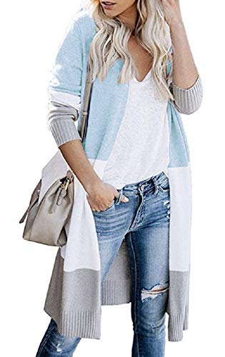 Achruor Cárdigan Largo para Mujer Abrigo de Punto Casual Manga Larga Costuras tricolores Jersey Largo Chaqueta Abierto (Blue XL)