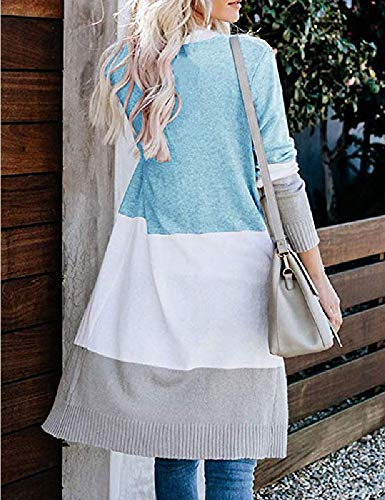 Achruor Cárdigan Largo para Mujer Abrigo de Punto Casual Manga Larga Costuras tricolores Jersey Largo Chaqueta Abierto (Blue XL)