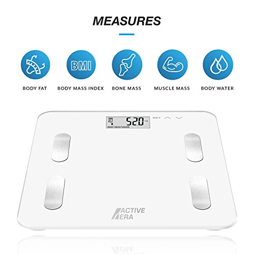 Active Era™ – Báscula de baño ultrafina para medir la grasa corporal. Analizador con% de grasa corporal, IMC, edad, peso y altura (blanco)