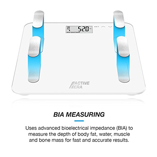 Active Era™ – Báscula de baño ultrafina para medir la grasa corporal. Analizador con% de grasa corporal, IMC, edad, peso y altura (blanco)