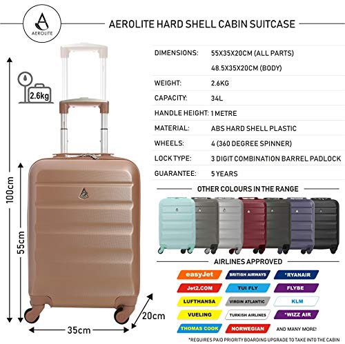 Aerolite ABS Juego de 2 55cm Maleta Equipaje de Mano Cabina rígida Ligera con 4 Ruedas (Rosa Oro + Dorado Vino)
