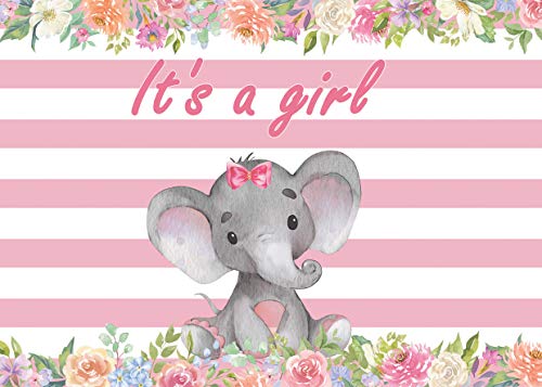 AIIKES 2.1Mx1.5M/7x5FT Niña Elefante Bebé Ducha Fondo Rosa Raya Flor Elefante Vinilo Fotografía Fondo Lindo Elefante Bebé Fiesta de Cumpleaños Fondo Party Decoración Backdrop 11-537