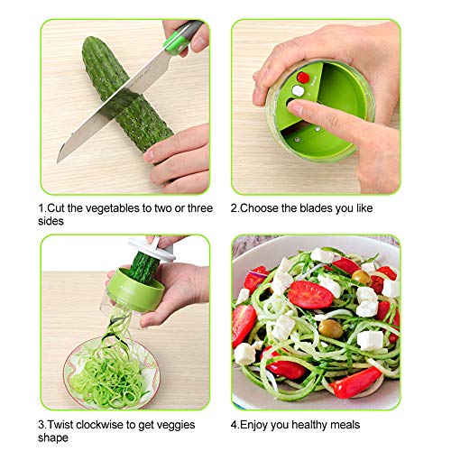 AJOXEL Cortador de Verduras Espiral, 4 IN 1 Espaguetis Vegetales Espiralizador Vegetal Slicer Verdura Rallador de Verduras Mandolina de Cocina para Espaguetis de Calabacín, Zanahorias, Pepinos