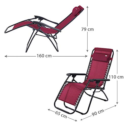 Aktive 62191 - Tumbona Gravedad Cero burdeos, reclinable y plegable Beach 178x65x110cm
