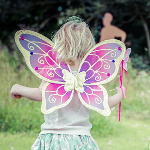 Alas de mariposa y varita mágica doradas, moradas y rosa de Lucy Locket para disfraz infantil de hada (3-10 años)