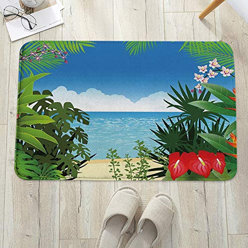 Alfombra De Baño Cocina,Hoja, playa, tema, isla, jungla, orilla del mar, vista al mar, con flores lat,Alfombrilla de baño con Ducha Antideslizante Lavable a máquina para baño y Sala de Estar 60x100 cm