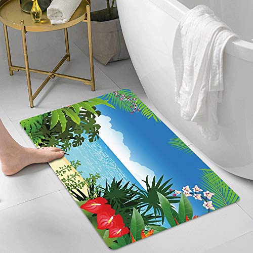 Alfombra De Baño Cocina,Hoja, playa, tema, isla, jungla, orilla del mar, vista al mar, con flores lat,Alfombrilla de baño con Ducha Antideslizante Lavable a máquina para baño y Sala de Estar 60x100 cm