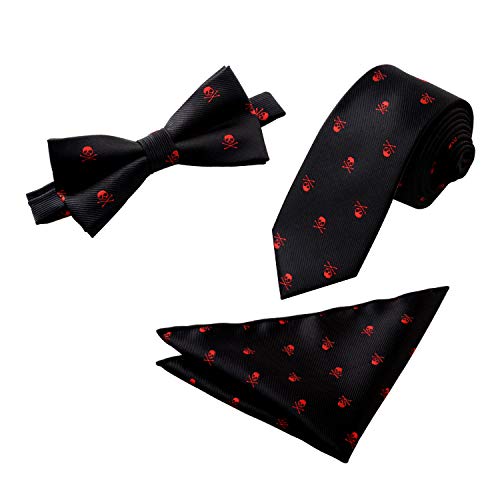 Alizeal Calavera-Corbata,Pajarita y Pañuelo para Hombre Negro+Calavera Roja