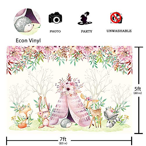 Allenjoy Boho Woodland Telón de Fondo para niñas Baby Shower Niños Fiesta de cumpleaños Fotografía Pastel Decoración de Mesa Banner Animales Salvajes Flores Rosadas Photo Booth Props 210x150cm