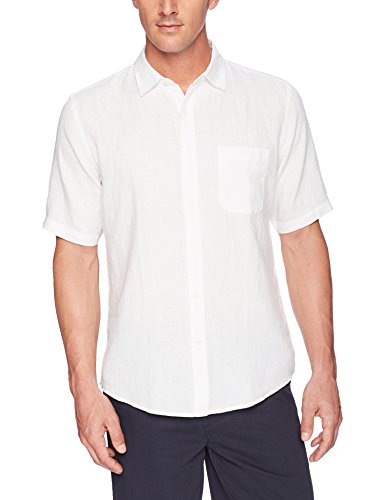 Amazon Essentials - Camisa a cuadros de lino con manga corta para hombre., Blanco, US S (EU S)