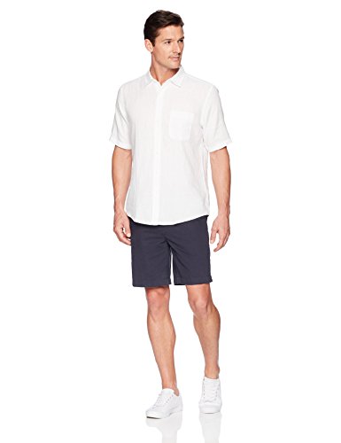 Amazon Essentials - Camisa a cuadros de lino con manga corta para hombre., Blanco, US S (EU S)