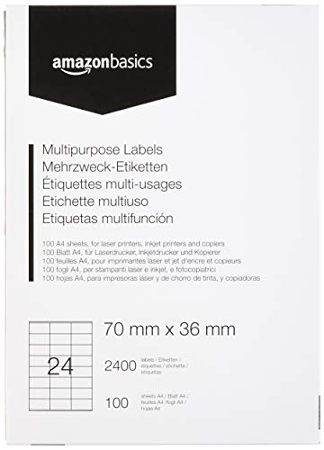 AmazonBasics - Etiquetas de dirección multiusos, 70.0mm x 36.0mm, 100 hojas, 24 etiquetas por hoja, 2400 etiquetas