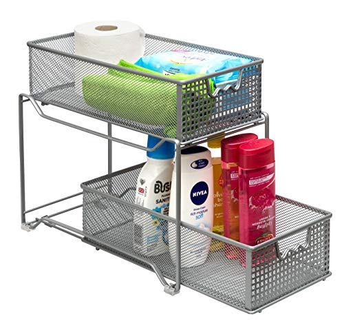 Amtido - Organizador de armario de 2 niveles para cocina, baño, cajones extraíbles para debajo del fregadero, color plateado