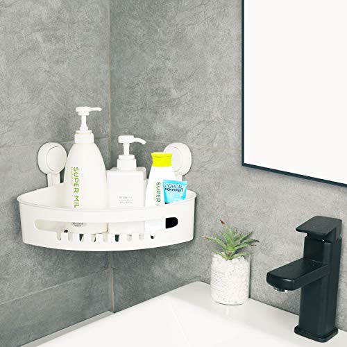 Amzdeal Estante de Esquina para Baño, Baño Estantería de Esquina con Ventosas, Estante de almacenamiento, no requiere perforación, Blanco