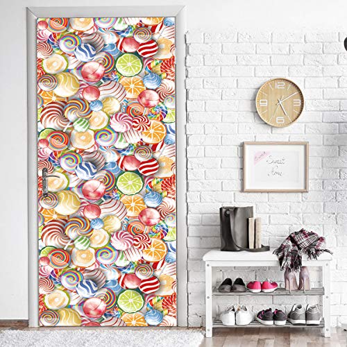 ANHHWW 3D Etiqueta De La Puerta Piruleta Colorido Arte Pvc Impermeable Pared Mural Puerta Pared Etiqueta Arte Etiqueta Hd Autoadhesivo Mural Baño Cocina Decoración 95X215Cm