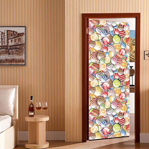 ANHHWW 3D Etiqueta De La Puerta Piruleta Colorido Arte Pvc Impermeable Pared Mural Puerta Pared Etiqueta Arte Etiqueta Hd Autoadhesivo Mural Baño Cocina Decoración 95X215Cm