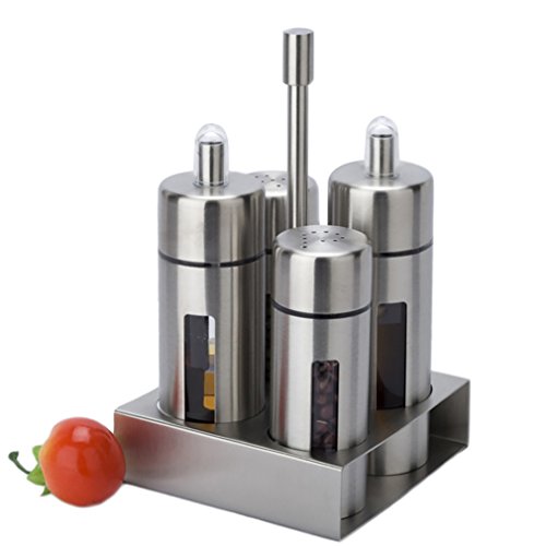 Antcher Basic - Juego de vinagreras de acero inoxidable y acrílico, dispensador de aceites y vinagre, salero y pimentero, soporte para servir condimentos, 4 piezas