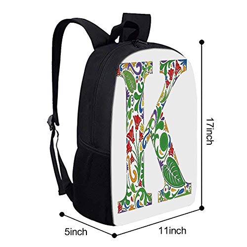 AOOEDM Elegante Bolso Escolar con Letra K, Esquema de Colores Vivos Inspiraciones Naturales Flores Hojas Tallos Letra K mayúscula Decorativa para niños, 11 'L x 5' W x 17 'H