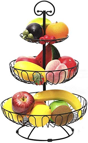 Apark Frutero de 3 Pisos, Desmontable Metal Cesta Fruta, para Conservan Frutas, Verduras, Bocadillos o Pan, Tamaño de la Cesta de Frutas: 16CM, 24CM, 30CM, Altura: 40CM (Negro)