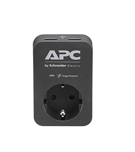 APC Surge Protector PME1WU2B-GR - Adaptador de Enchufe con protección contra sobretensiones (1 Enchufe Schuko, 2 Salidas de Carga USB), Color Negro
