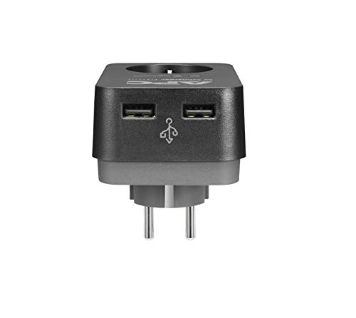 APC Surge Protector PME1WU2B-GR - Adaptador de Enchufe con protección contra sobretensiones (1 Enchufe Schuko, 2 Salidas de Carga USB), Color Negro