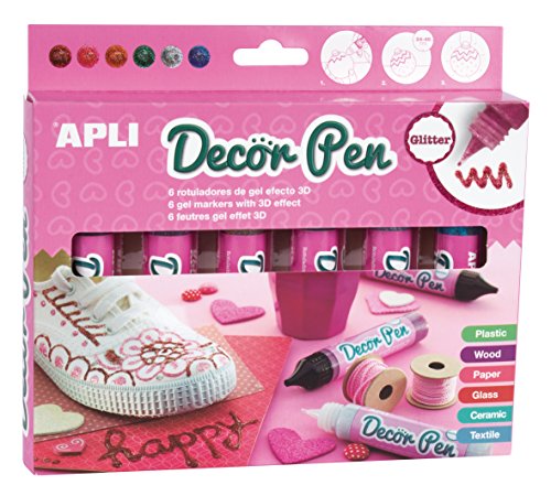 APLI - Caja rotuladores 3D Decorpen, acabado purpurina, 6 uds