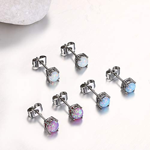 Aroncent Pendientes de Ópalo Brillantes Aretes Pequeño para Mujer Hombre Unisex Aretes Azul Elegantes con Aguja de Oreja de 316L Acero Inoxidable Earings Hipoalergénico con Perla Circón Redondo 3 mm