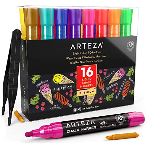Arteza Rotuladores metalizados de tiza líquida | Set de 16 marcadores de tiza | 16 colores brillantes| Con pinzas + 50 etiquetas + 2 plantillas adhesivas | Rotuladores de tiza para cristal y pizarra