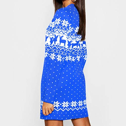 Auifor Minivestido de Copo de Nieve de Manga Larga con Estampado de Alces de Navidad para Mujer（Azul/Small）
