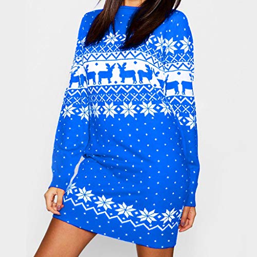 Auifor Minivestido de Copo de Nieve de Manga Larga con Estampado de Alces de Navidad para Mujer（Azul/Small）