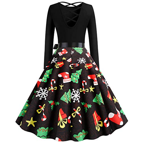 Auifor Vestido Vintage de Manga Larga con Estampado navideño de Espalda Cruzada y Lazo Cruzado para Mujer Vestido de Fiesta de Noche de ama de casa de los años 50（A-Negro/XX-Large）
