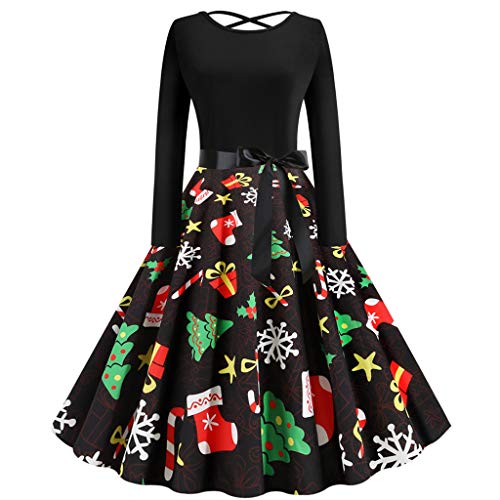 Auifor Vestido Vintage de Manga Larga con Estampado navideño de Espalda Cruzada y Lazo Cruzado para Mujer Vestido de Fiesta de Noche de ama de casa de los años 50（A-Negro/XX-Large）