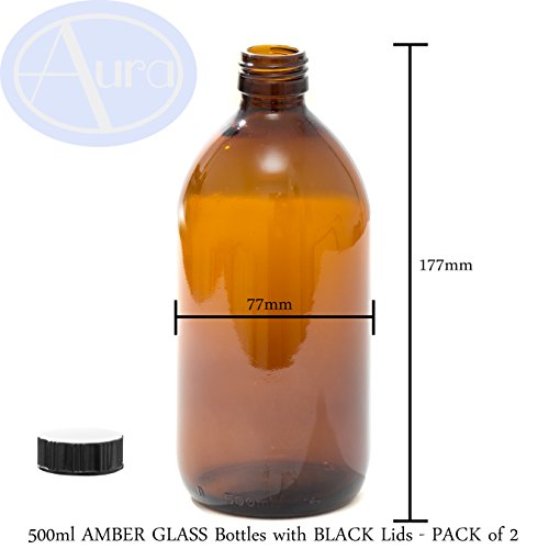 Aura - Botellas de cristal ámbar con tapas negras (500 ml, 2 unidades)